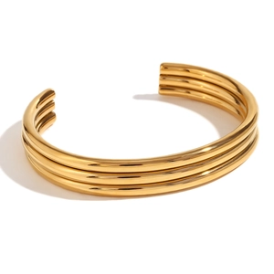 Minimalist 18K gold plated stainless steel triple layered open cuff bangle for women