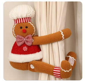 Gingerbread man curtain tieback with red sweater and white chef hat for Christmas decor