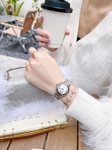 Gros plan d'une montre argentée à chiffres romains, bracelet étoile et sac à main brillant
