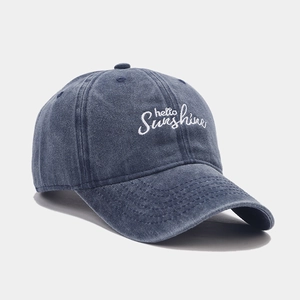 Navy blue washed cotton baseball cap with hello Sunshine white embroidery on front