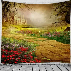 Detail of forest tapestry with castle and flower path displayed on a white brick wall