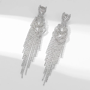 Luxury silver tassel drop earrings with sparkling rhinestones for women bride wedding