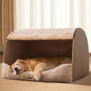 Semi Enclosed Pet Bed Warm Plush Cave House For Dogs And Cats Anti Slip Cat Scratch Leather Winter Sleeping Nest