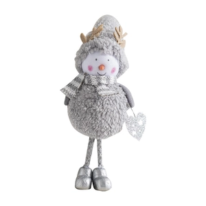Cute grey plush snowman Christmas decoration with reindeer antlers and a silver heart