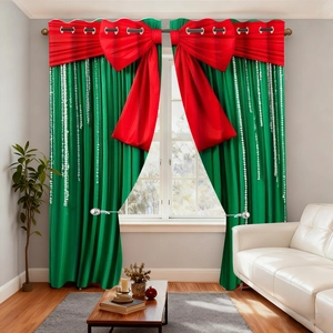 Detail of green Christmas curtain with a large red 3D bow and silver eyelets on top