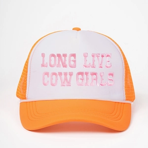 Orange and white trucker hat with Long Live Cowgirls embroidery and breathable mesh