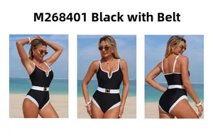 Detailed views of black one-piece swimsuit with white belt and V-neckline cut