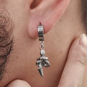 Men's silver stainless steel earring featuring a snake-wrapped dagger pendant design