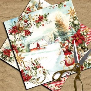 Macro view of Christmas scrapbooking paper with reindeer patterns and vintage gold scissors