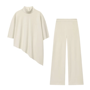 Women Asymmetrical Hem Top And Wide Leg Trousers Minimalist Streetwear Casual Solid Polyester Elegant Chic