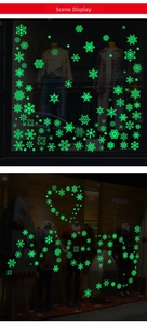 Détail des stickers flocons de neige vert lumineux sur une vitre avec effet brillant