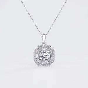925 Sterling Silver Moissanite Pendant Necklace For Women Octagon Halo Sparkling Round Cut Luxury Commuting Jewelry Gift