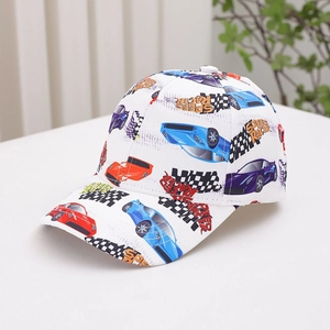 Detailed close-up of white kids baseball cap featuring colorful Speed Racer car prints