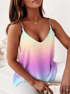 Detailed view of women's gradient tank top featuring golden chain straps and deep V-neck
