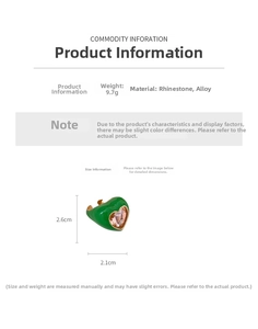 Size chart showing green heart ring dimensions 2.6cm by 2.1cm and 9.7g weight info