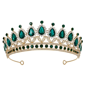 Regal vintage gold tiara with emerald pear-shaped crystals and sparkling rhinestones