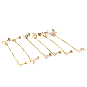Gold stainless steel cartilage earring set with cubic zirconia and screw back ball