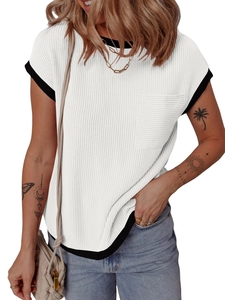 T-Shirt En Tricot Côtelé Femmes Manches Courtes Col Rond Bordure Contrastée Haut Basique Décontracté Avec Poche Poitrine