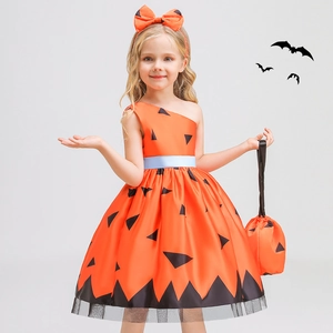 Girl's Halloween pumpkin witch costume with orange one-shoulder dress, headband and bag