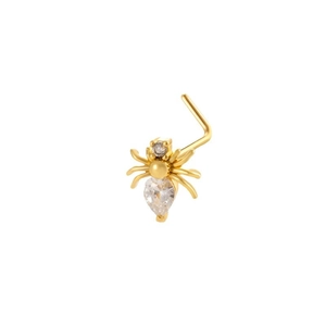 L-shaped gold nose stud featuring a spider design with pear-shaped cubic zirconia stones