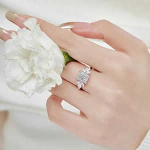 S925 sterling silver ring with large radiant cut zircon stone and marquise accents