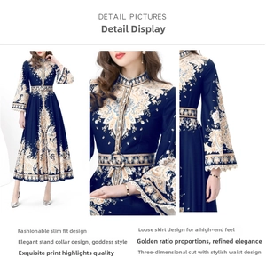 Close-up of vintage palace-style floral dress with lace cuffs and stand collar details