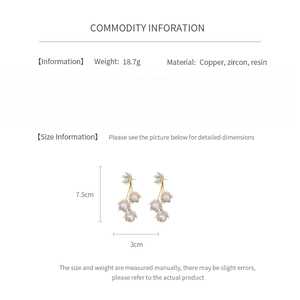 Detail chart of floral tassel pearl earrings with 7.5cm x 3cm size and weight specs