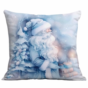 Blue and white Christmas pillowcase featuring Santa Claus, snowflakes and festive trees
