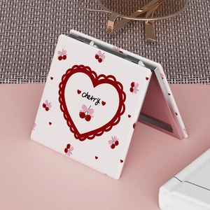 Portable double-sided folding makeup mirror with creative cherry and heart pattern design