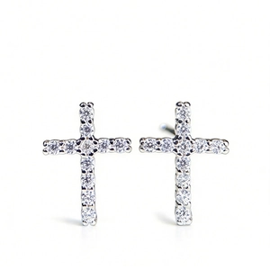 Cross Moissanite stud earrings in S925 sterling silver with sparkling micro-pave stones