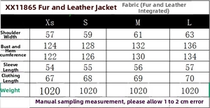Size chart detail for oversized faux fur jacket with precise sleeve and length measurements