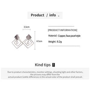 Detail specifications of faux pearl geometric earrings with copper frame dimensions