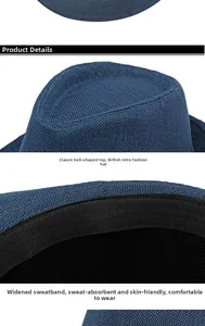 Detailed view of navy blue woven fedora with breathable wide inner sweatband detail
