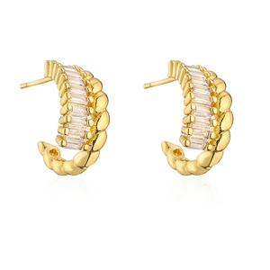 18K gold plated C-shaped earrings with baguette zircons and beaded edge details