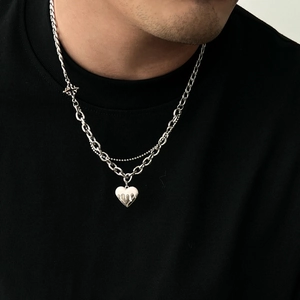 Men's double layer silver chain necklace with a unique melting heart pendant design