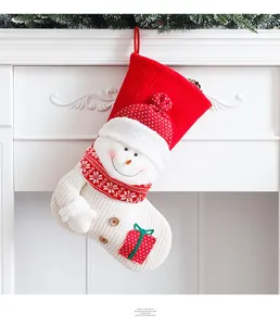 Detail of red and white knit Christmas stocking featuring 3D snowman and wooden buttons