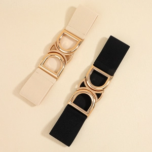 Elastic waist belts in beige and black with interlocking gold-tone geometric buckles