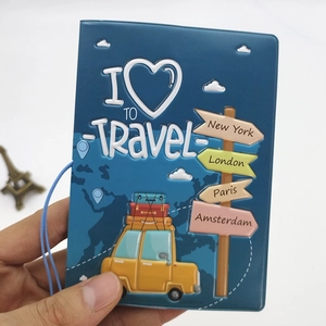 Detailed view of 3D embossed travel passport cover with colorful icons and city signs