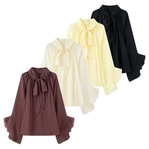 Detailed flat lay of pussy-bow chiffon blouses in brown, beige, yellow and black colors