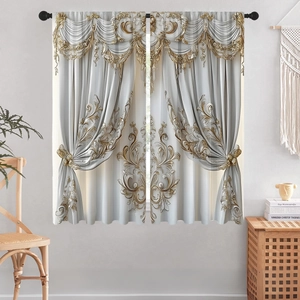 Detail of luxury light grey curtains with gold baroque floral embroidery and valance