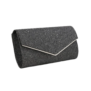 Elegant black shimmering evening clutch bag with V-shaped flap and metallic trim edge