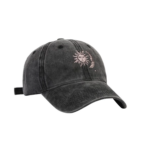 Vintage washed charcoal baseball cap featuring sun and moon print for men and women