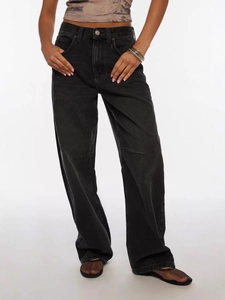 High waist washed black wide leg denim jeans for women in a loose street style fit