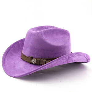 Detail of purple faux suede cowboy hat showing leather band and vintage metal emblem