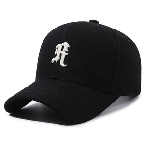 Classic black cotton baseball cap with white embroidered R letter and curved brim