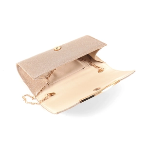 Golden glitter evening clutch bag with metal chain strap and beige lining interior