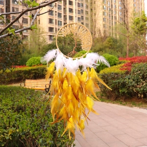 Macro shot of yellow beads and life tree wire pattern on handcrafted dream catcher