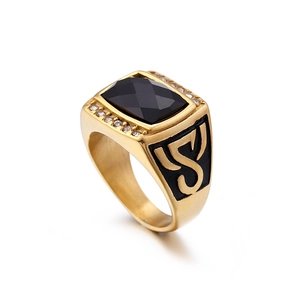Men Stainless Steel Signet Ring Square Black Zircon Stone Hip Hop Rock Jewelry With S-Letter Relief Side Rhinestones