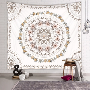 Floral mandala wall tapestry in cream with pink flowers for cozy room decoration