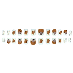 Coffret de 24 faux ongles autocollants ours brun mignon et motifs floraux